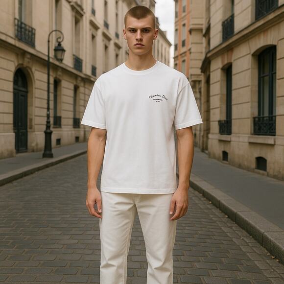 Christian Dior T-Shirt Mens Large White Atelier Chest Back Logo Paris France - Picture 1 of 11